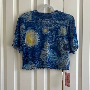 NWT SHEIN Blue Artistic Swirl Crop Mesh Top (starry night like design).